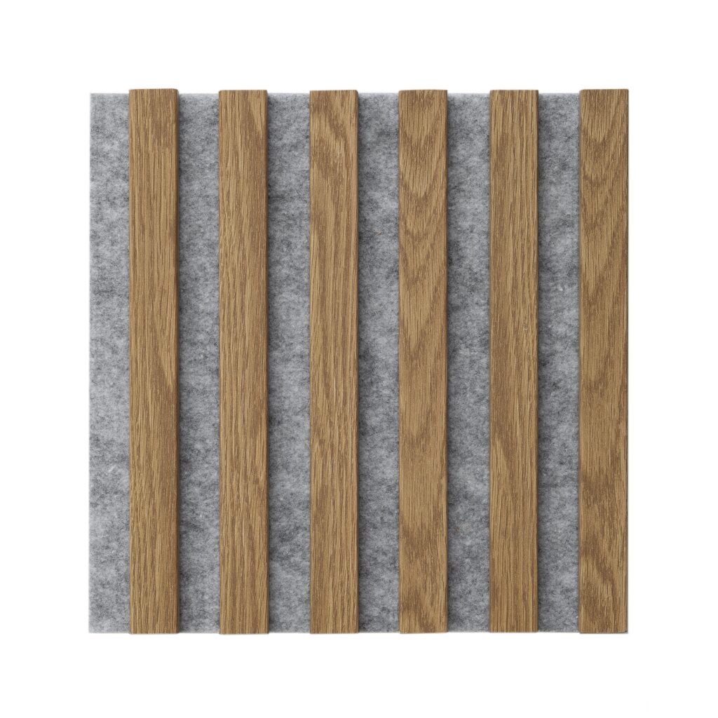 Dřevěný obklad 3D lamely 30x30 cm šedý podklad / lamely dub sonoma